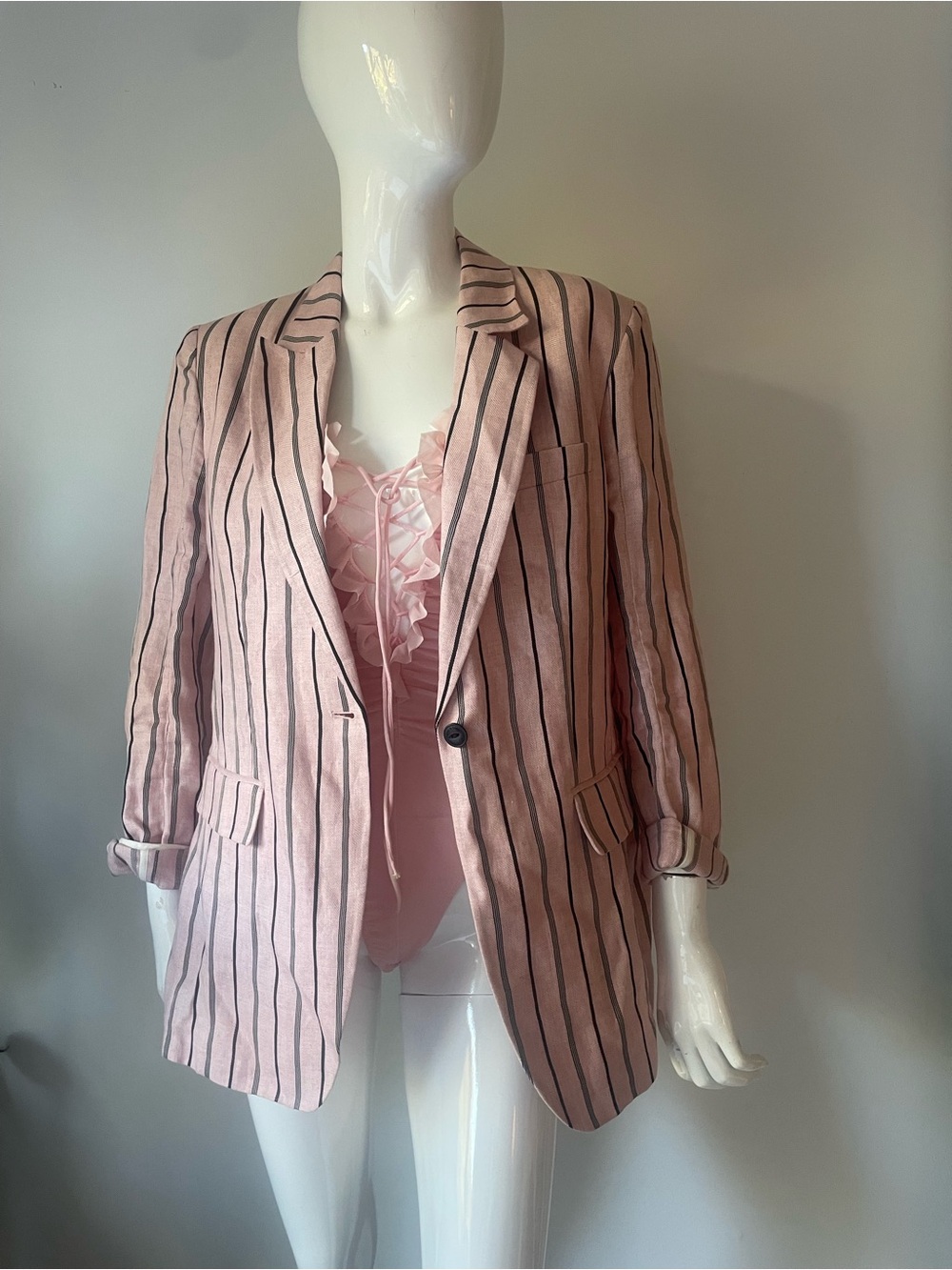 Rag & Bone Claudia Pink Black Striped Linen Blazer Size 14 - Picture 8 of 9